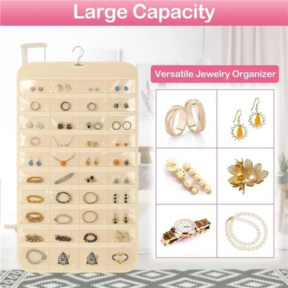 Hanging Jewelry Organizer Closet Storage with 80 Clear Pockets Earrings Necklace